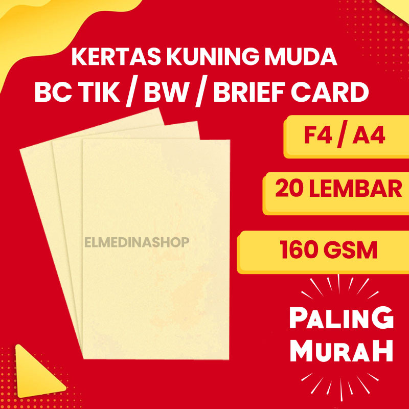 

20 Lembar Kertas Warna Kuning Muda BC Tik / Manila / BW / Brief Card F4 & A4 Gramasi Tebal 160 Gsm Untuk Ketrampilan Origami Kupon Kartu Nama Undangan Absensi Sampul Cover Buku