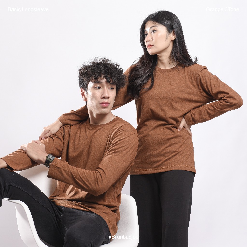 WARNA ORANGE 3TONE - Kaos Polos Cotton Premium - Lengan Panjang Pria Wanita - Bikinbadjoe
