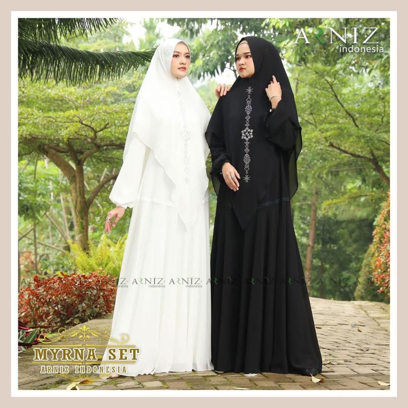 Myrna set by arniz (gamis+Khimar) ready siap kirim hitam & putiih