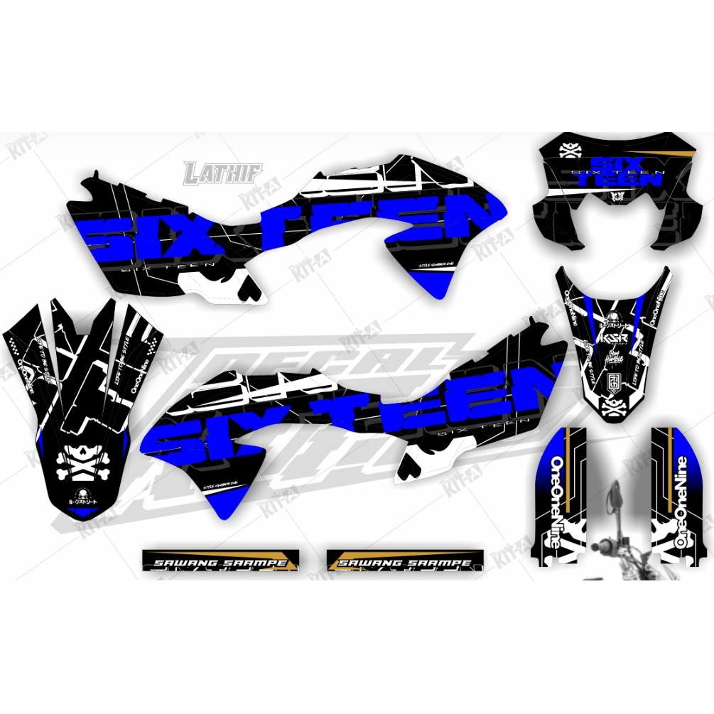 Decal Kawasaki Stiker KLX 150 BF Motif Sixteen Supermoto Hitam Biru