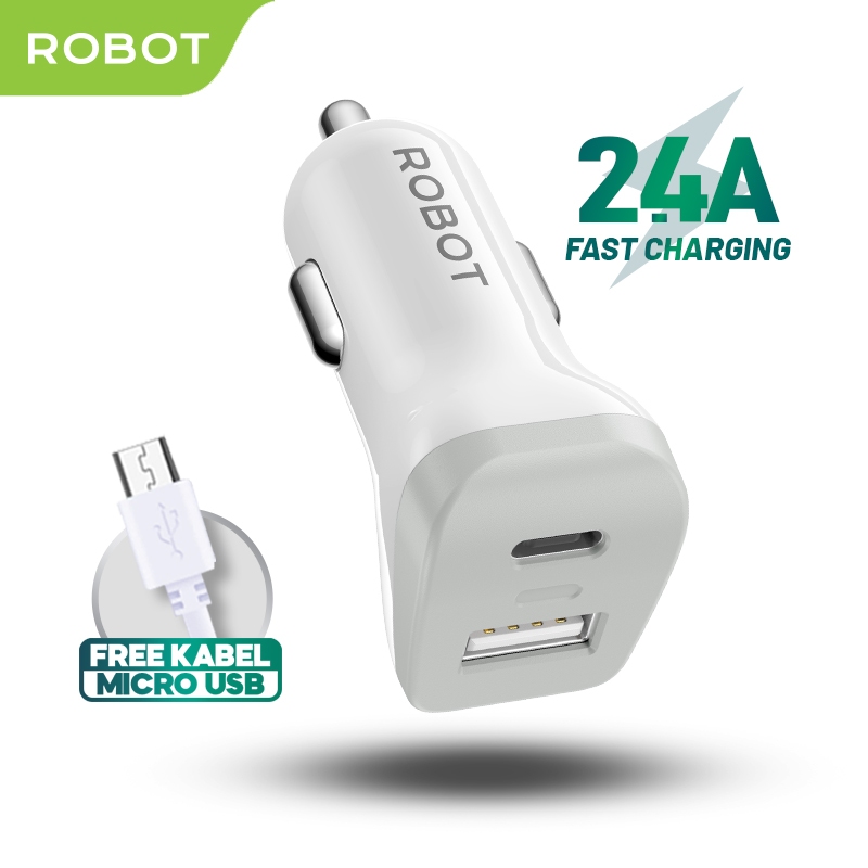 ROBOT RT-C09 Car Charger Colokan Mobil 2 Port USB & Type C 2.4A Pengisian Cepat Kompatibel Semua Ken