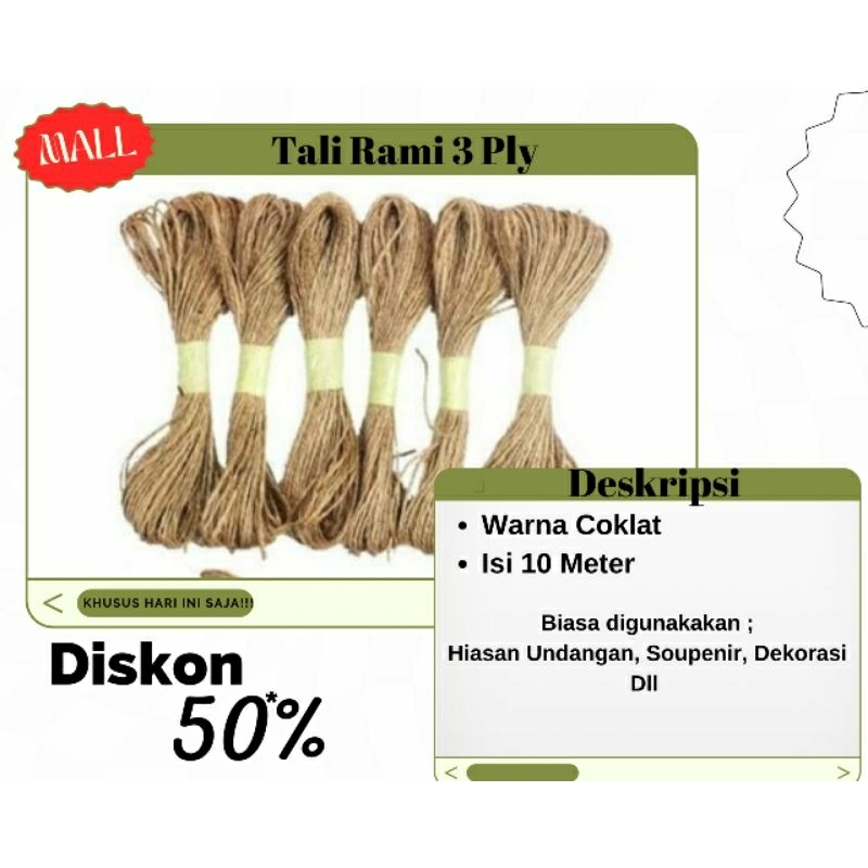 

10 meter tali rami 3ply coklat