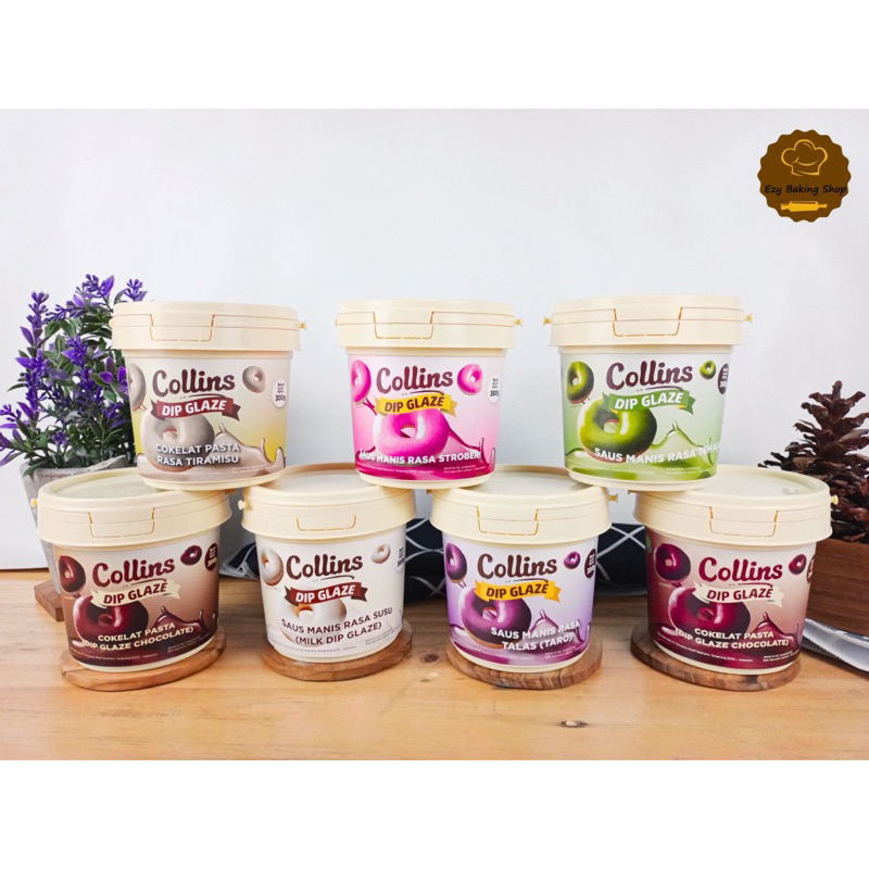 

Collins Dip Glaze 300 gr Choco / Green Tea / Milk / Stroberi / Taro / Tiramisu topping donat cokelat coklat