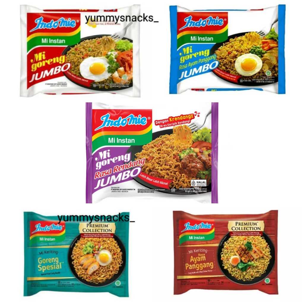 

Indomie Goreng Ayam Panggang Jumbo, Indomie Goreng Jumbo Rendang, Indomie Keriting All Varian