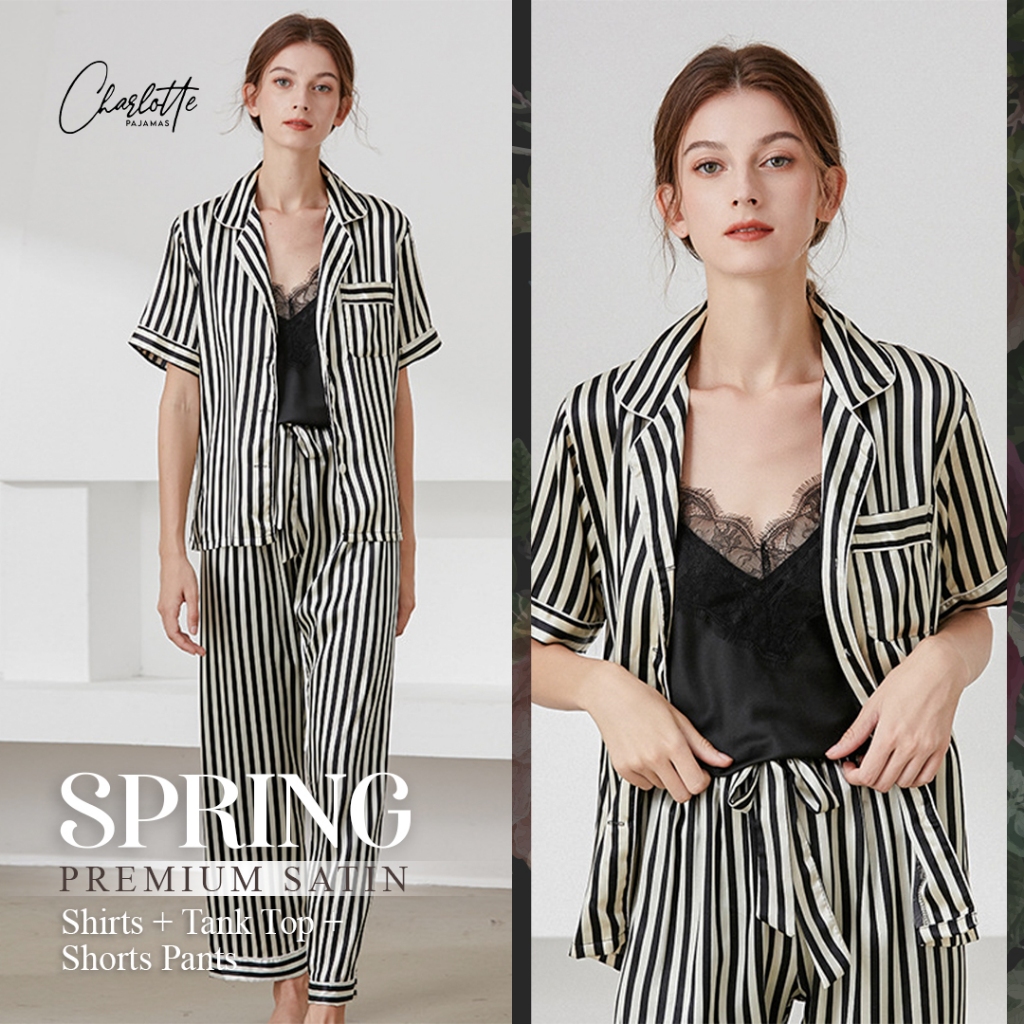 CHARLOTTE - Spring set Piyama seserahan baju tidur kemeja tanktop premium satin