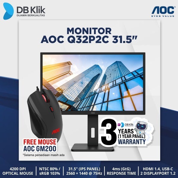 ED Monitor AOC Q32P2C 31.5" 75Hz QHD HDMI DP USB C - AOC Q32P2C/70