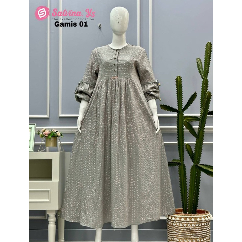 Salvina ys.gamis motif PoLKADOT ZIG ZAG bintik mini lengan  pita terbaru formal santai