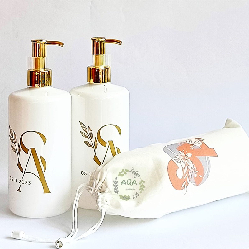 SOUVENIR TEMPAT SABUN + POUCH CUSTOM / SOUVENIR BOTOL SABUN / SOUVENIR PERNIKAHAN / SOUVENIR WEDDING