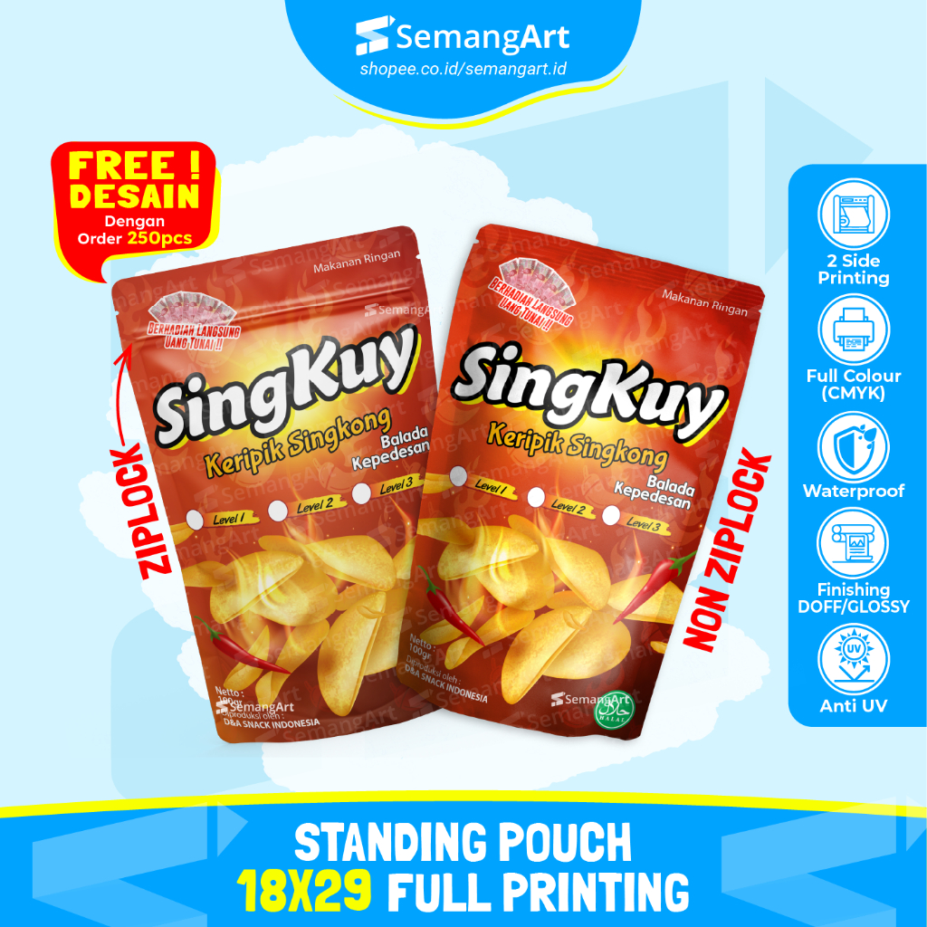 

Kemasan Standing Pouch Cetak Full Printing 18x29cm Aluminium Foil Plastik Klip Ziplock Zipper
