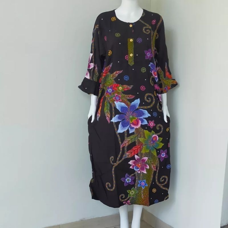 UIY Longdress lengan 3/4 model terompet gamis daster batik kencana ungu label biru busui Ld 118 cm /