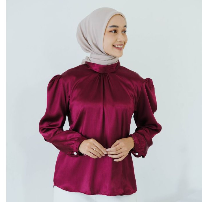 Ayasaha Hijab - Kaira Blouse Silk Credenza Kemeja Maroon Wanita Terbaru LD 100