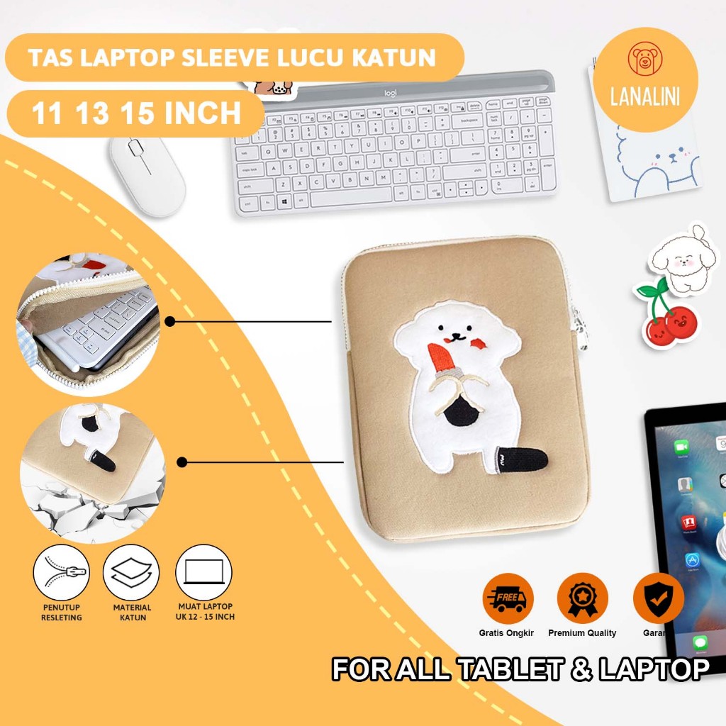 Sleeve Pouch Laptop Tablet iPad Macbook Asus Acer 11 12 13 14 15 Inch Sarung Case Kartun Lucu Khaki