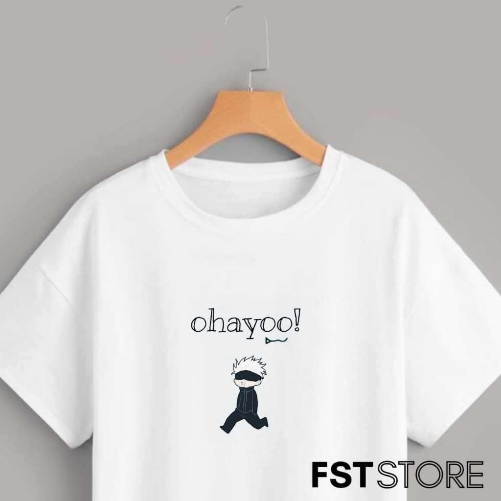 KAOS ANIME JEPANG OHAIYO SATORU GOJO BAJU PRIA WANITA TERMURAH WARNA PUTIH BAHAN KATUN30 SABLON DIGI