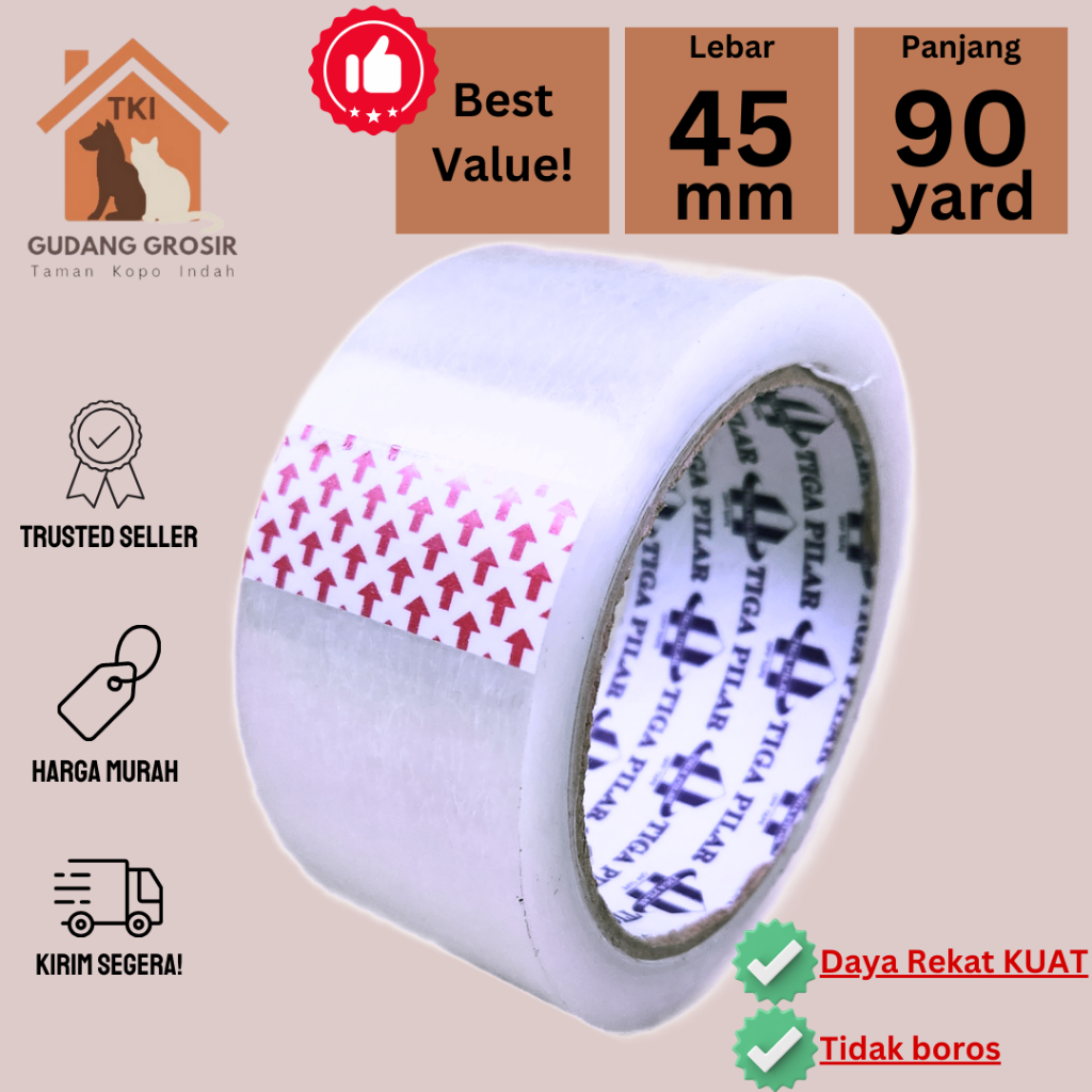 

Lakban bening 45mm x 90 yard 45mc OPP Tape Tiga Pilar Rekat Kuat