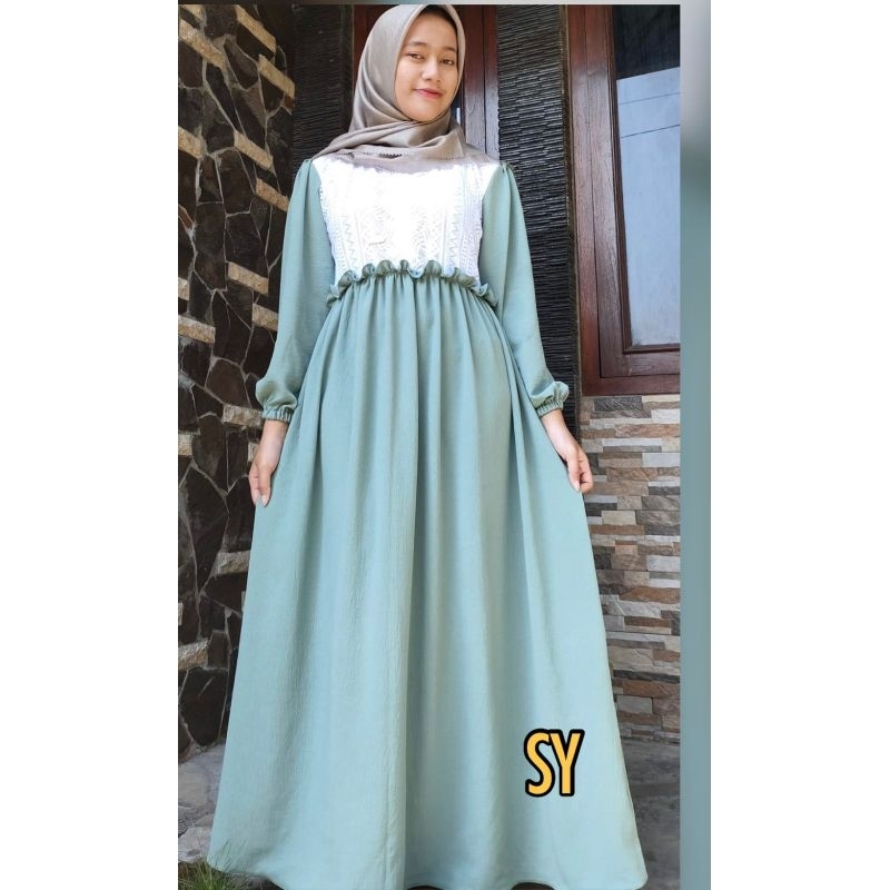 Gamis crinkel polos kombinasi brokat motif (SY)