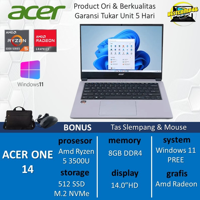 Laptop Acer aspire One 14 Amd Ryzen 5 3500 8GB 512SSD 14Inc Win11pree