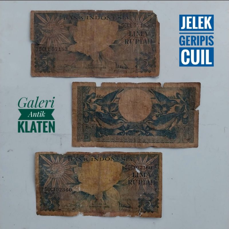Asli Koyak 5 Rupiah Tahun 1959 Seri Bunga Rp Burung uang Kertas Kuno Duit lama Indonesia Original