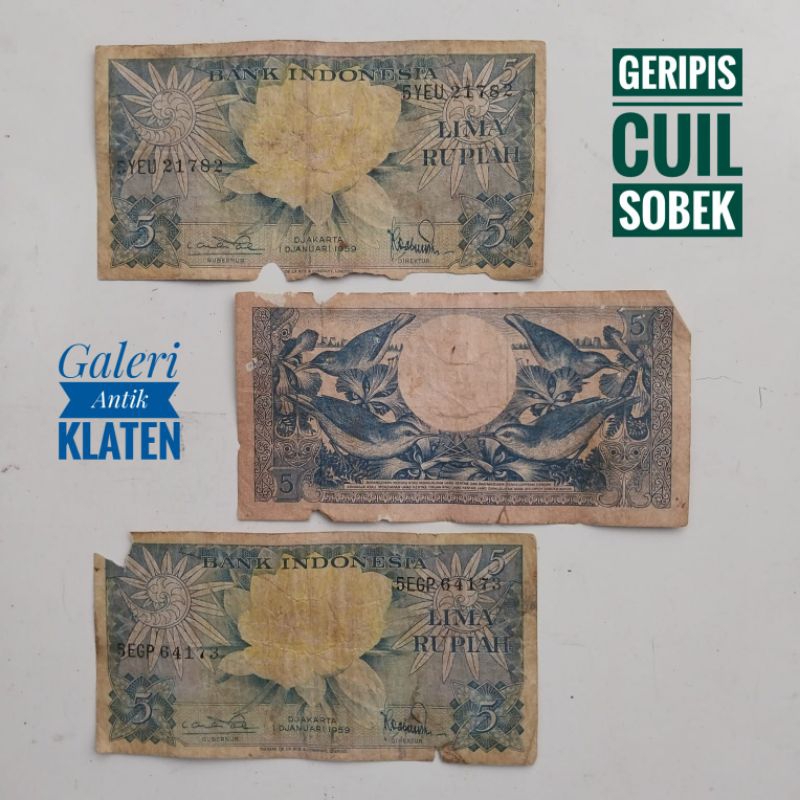 Asli Geripis 5 Rupiah Tahun 1959 Seri Bunga Rp Burung Uang Kertas Kuno Duit Lama Indonesia Original