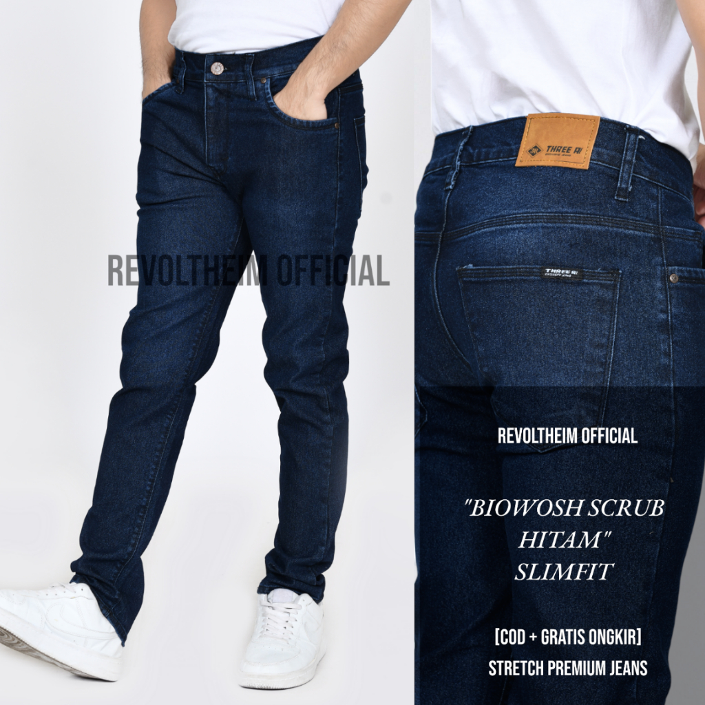 Celana Jeans Pria Slim Fit Panjang Stretch Biru Tua Gelap Bio Wash Scrub Hitam Cowok Tebal Denim Mel