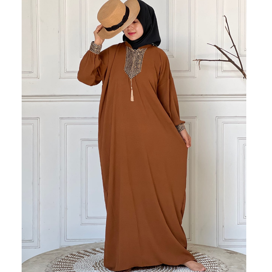 Gamis Sultan Renda Kringkle Airflow Premium Dress Kaftan Arab Polos Simple Busui Friendly Hitam-Caramel Kaftan