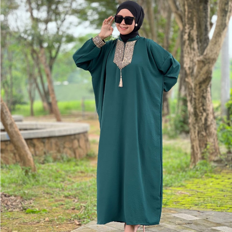 Gamis Sultan Renda Kringkle Airflow Premium Dress Kaftan Arab Polos Simple Busui Friendly Hitam-Jotol Kaftan