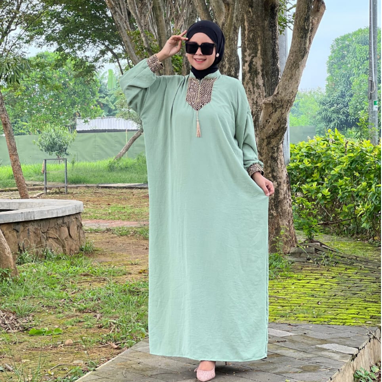 Gamis Sultan Renda Kringkle Airflow Premium Dress Kaftan Arab Polos Simple Busui Friendly Hitam-Sage Green Kaftan
