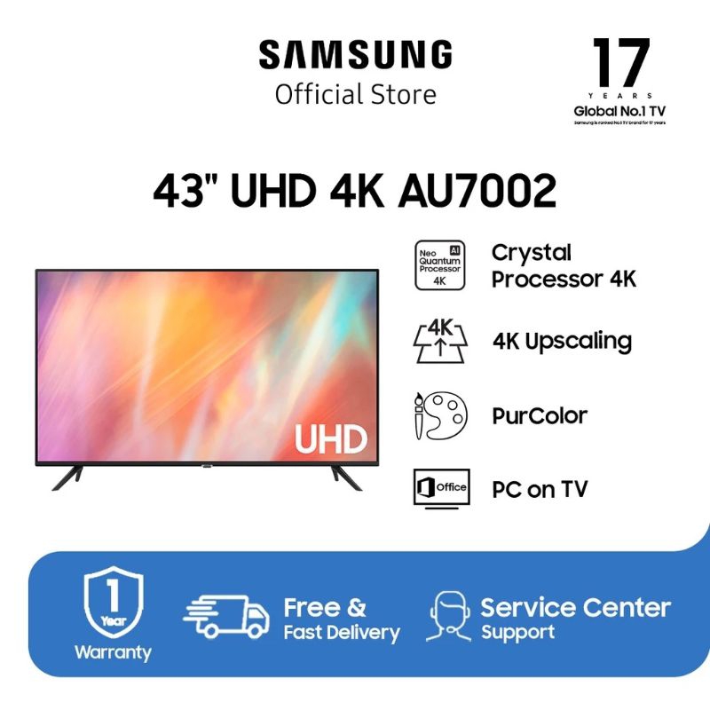 SAMSUNG 43 Inch Crystal UHD 4K Smart TV UA43AU7002