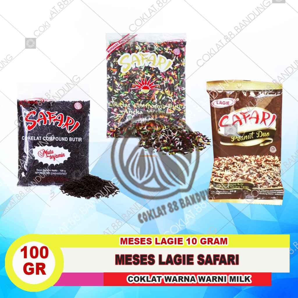 

MESES SAFARI 100 GR, MEISES LAGIE COKLAT SAFARI 100 GRAM, MESIS LAGIE WARNA WARNI, MESES KACANG