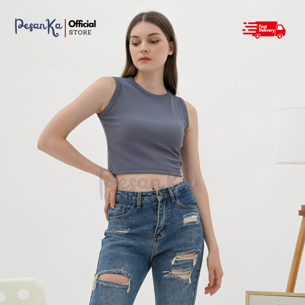 [PesanKa] Crop Top Korean / Atasan Tank Top Wanita / Crop Top Rib Denim / Crop top denim - 1023CT-B