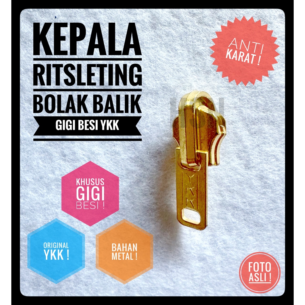 kepala ritsleting / resleting jaket bolak balik gigi besi YKK