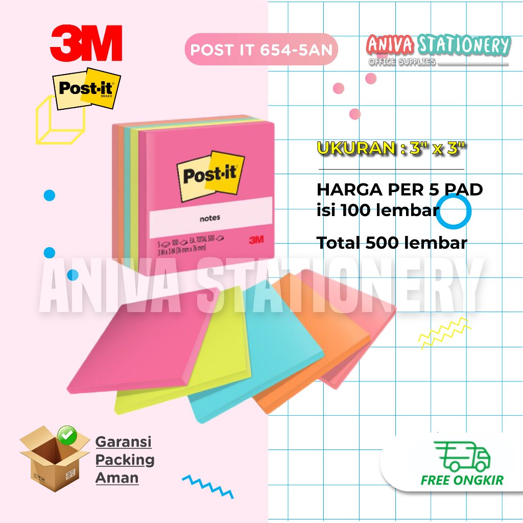 

3M POST-IT ORIGINAL STICKY NOTES MEMO TEMPEL POPTIMISTIC 654-5AN