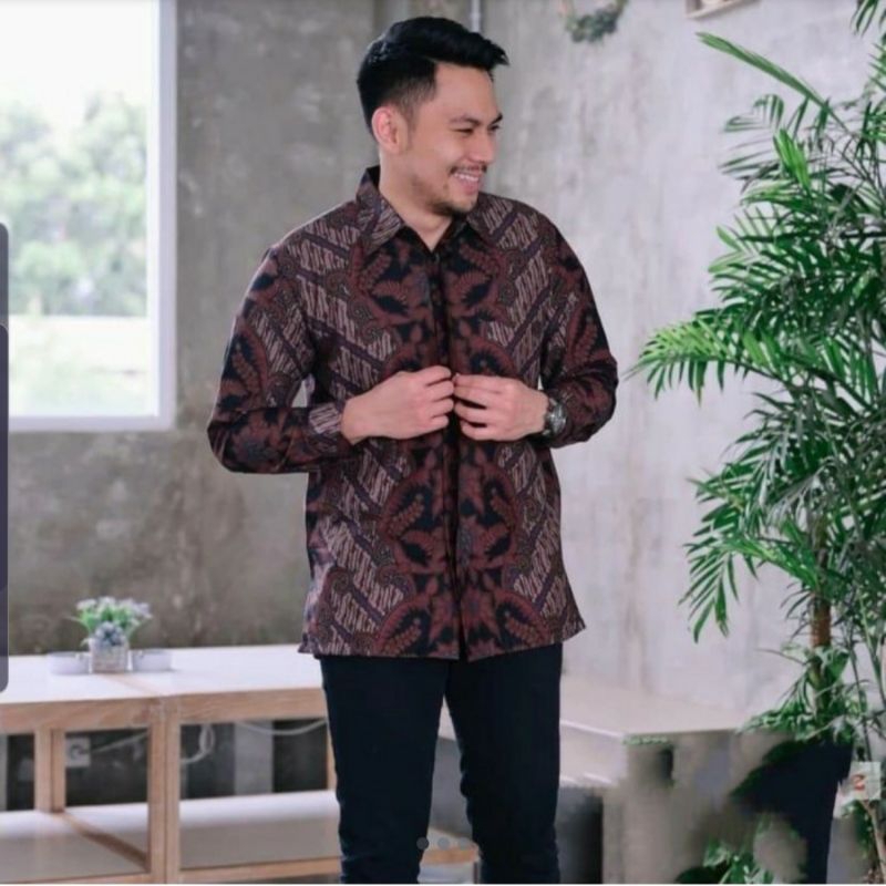 Kemeja batik pria atasan batik pria lengan panjang katun halus lapisan puring