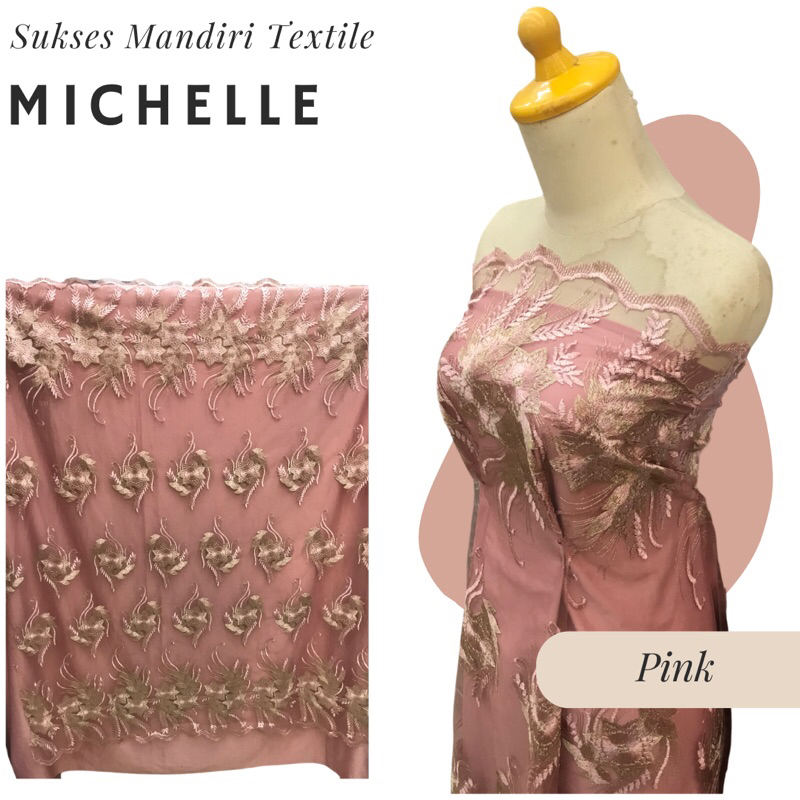[MICHELLE] Tile tulle brokat brukat bunga warna Pink, Harga per 1/2 meter = 50 cm BAHAN KAIN BRUKAT 