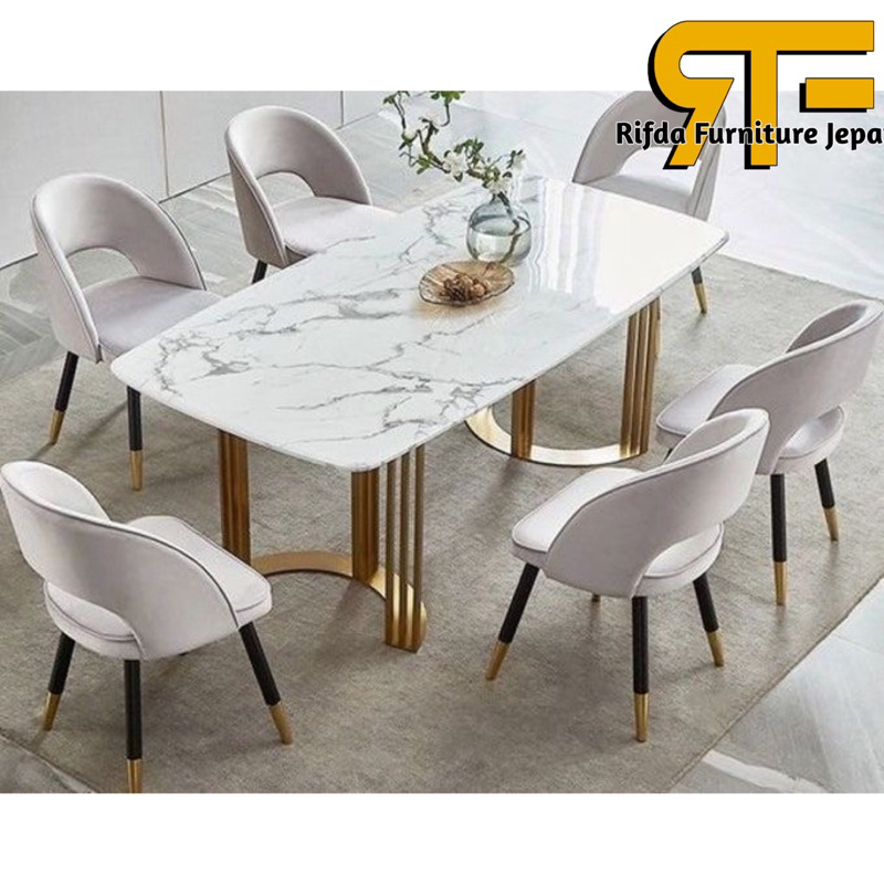 set kursi makan stainless meja marmer carara U ( meja makan marmer ,meja makan minimalis,meja makan 