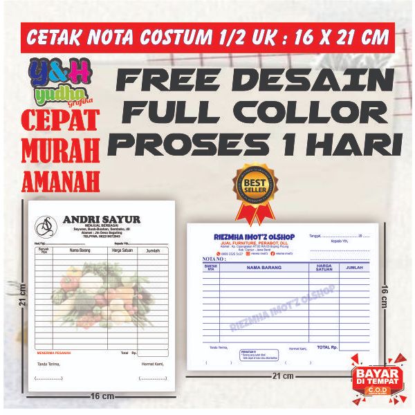 

CETAK NOTA COSTUM 1/2 Gratis Desain Gratis Logo Bebas Nama Sendiri Y&H Yudha Grafika