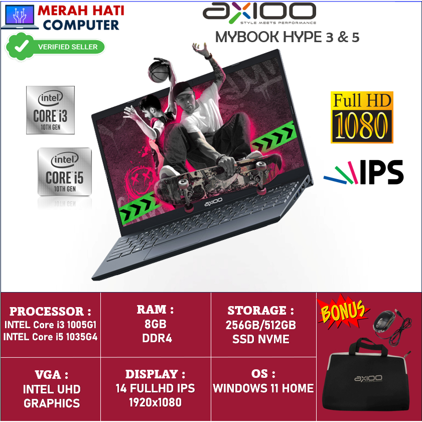 Axioo Mybook Hype 3 & 5 Intel core i3 i5 Ram 8GB 512GB ssd 14 FHD Ips Windows 11 Original Terlaris