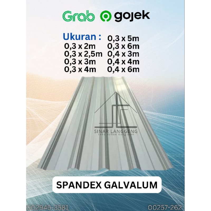 (Harga per lembar) Spandex Spandek Atap Galvalum Silver tebal 0,3mm / 0,4mm panjang 2M / 3M / 4M / 5M / 6M gelombang 5 lebar efektif 75cm