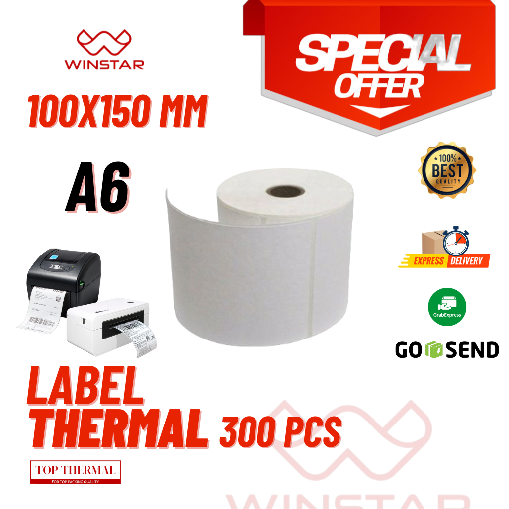 

Kertas Stiker Label Thermal ukuran 100x150 MM A6 isi 300 Pcs varian Roll