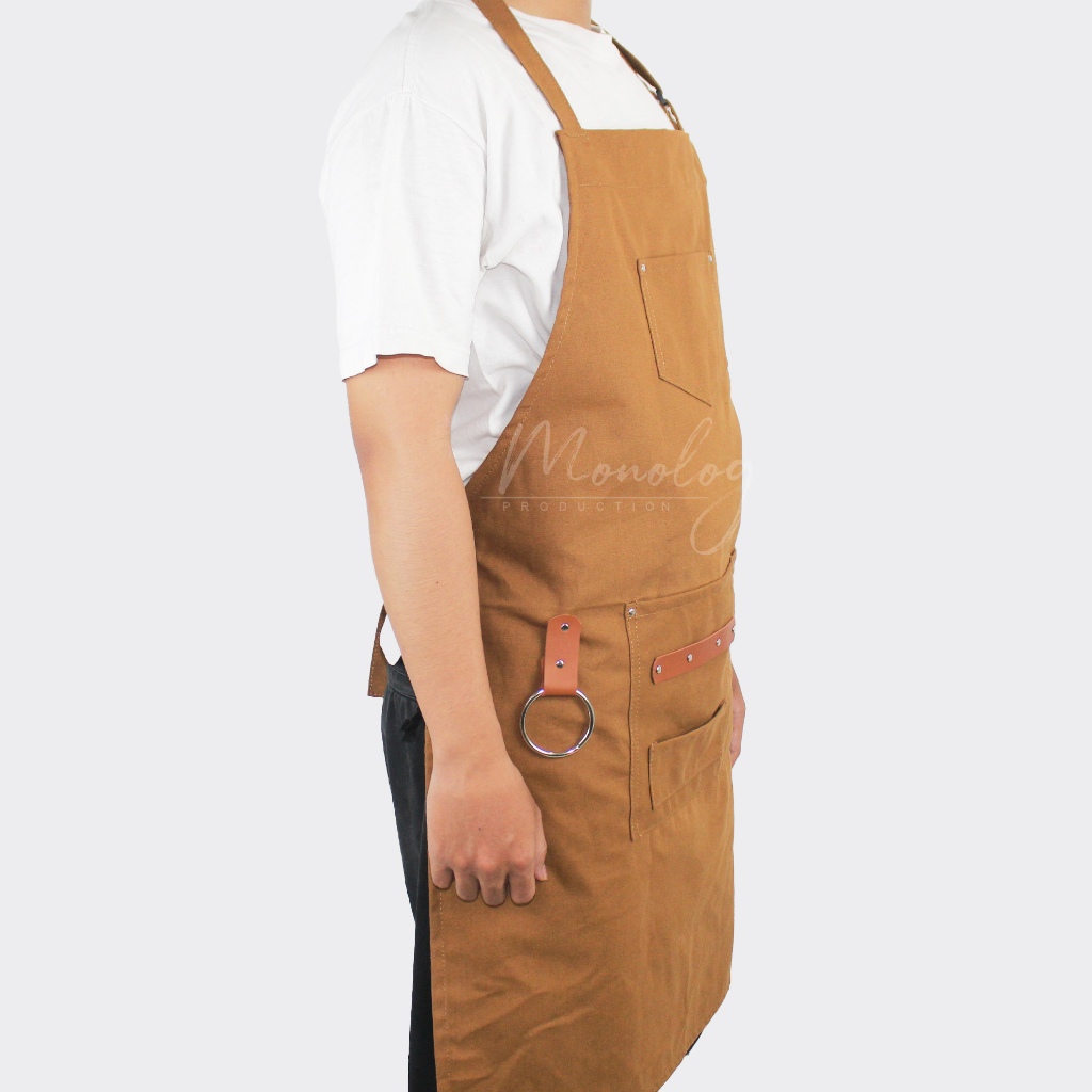 Monolog Apron Custom Barista Bartender Celemek Tali Leher Canvas Leather Pria Wanita Unisex