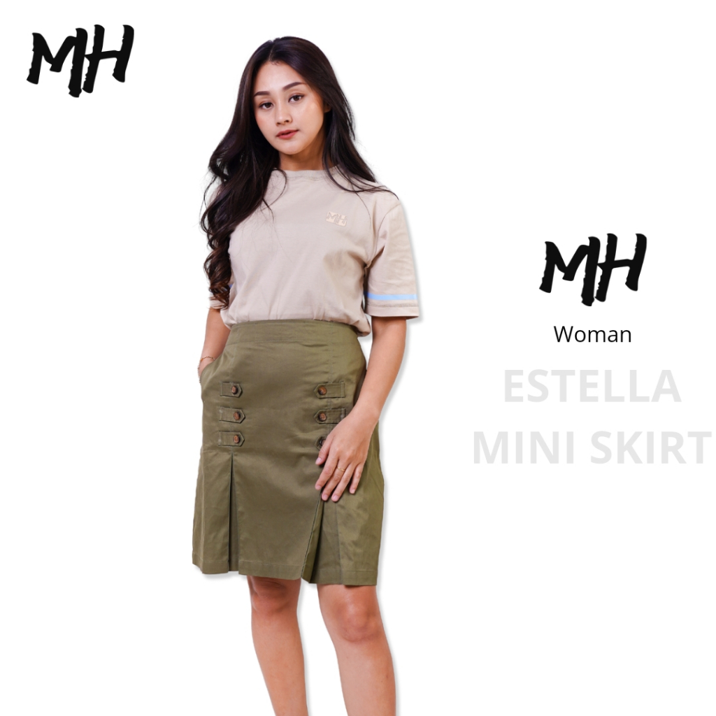 MH Fashion ESTELLA Mini Skirt Rok Wanita Pendek Twill Katun Warna Abu Army Maroon Hitam Broken White