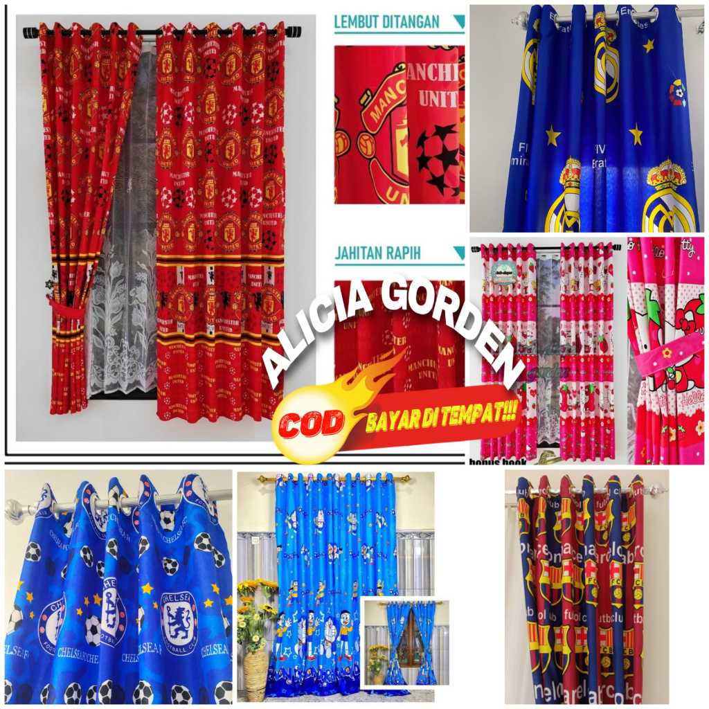 gorden smokring motif karakter dan club bola murah mewah elegan hordeng anak jendela kamar tidur