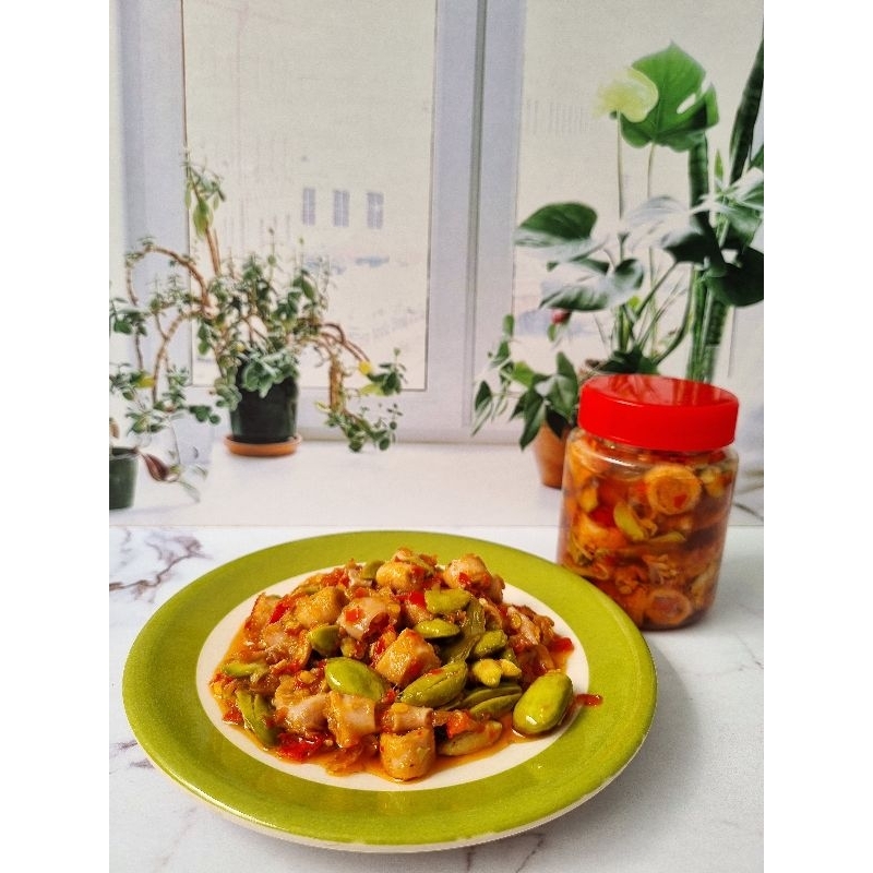 

Sambal cumi pete & non pete 200gr kemasan botol enak gurih pedas manis