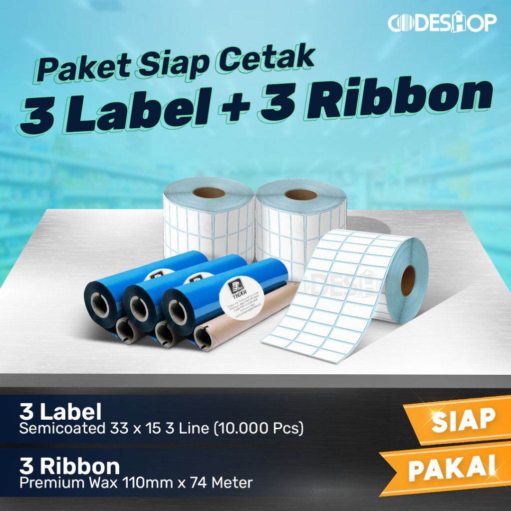 (PAKET) RIBBON WAX ZEBRA ZD220 FREE LABEL  33X15 SEMICOAT