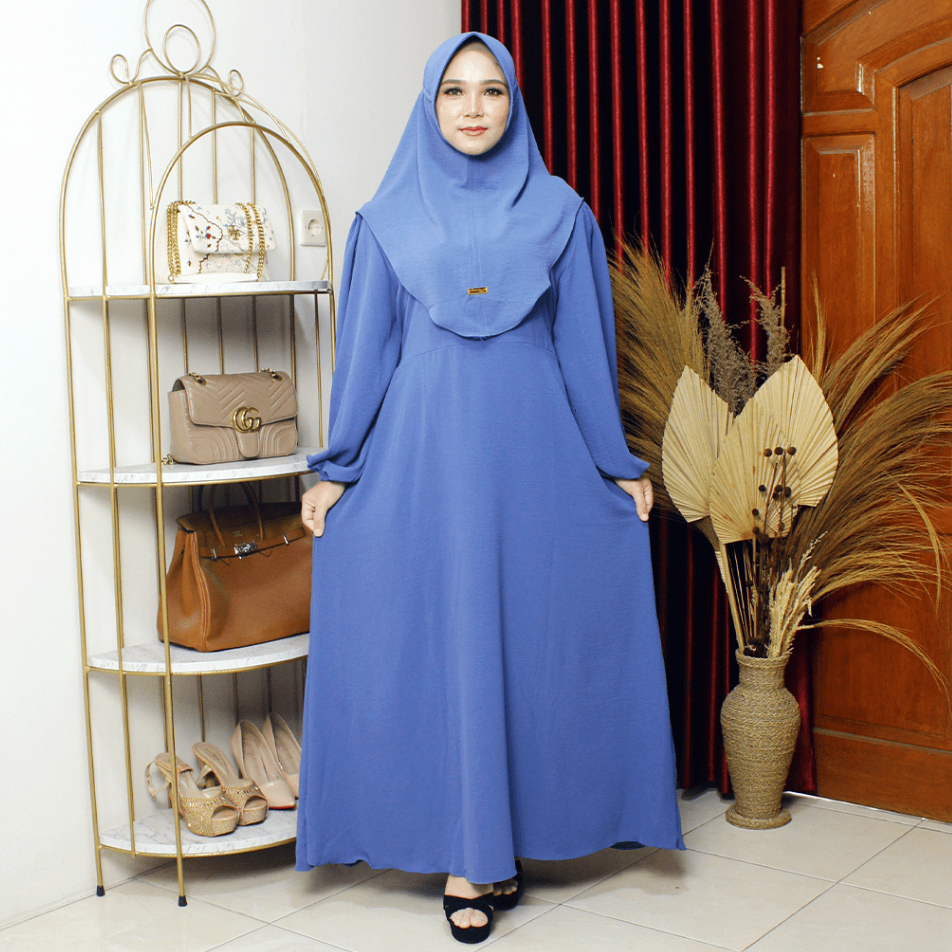 Putroelabel - Gamis Lora Denim Set Hijab Bahan Crincle Premium | Gamis Wanita Busui Friendly