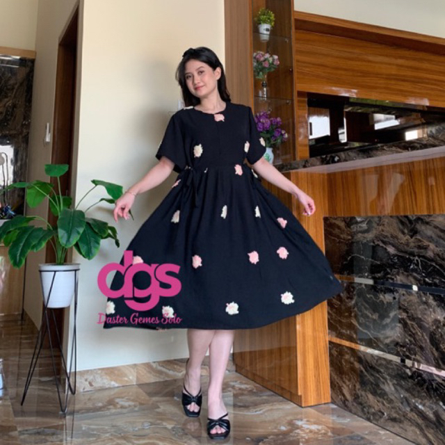 Dress Maudy Daster Crinkle Airflow Pompom Tali busui bumil motif rempel fit