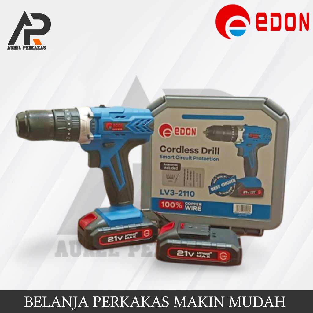 Mesin Bor Cordless Baterai 21V Edon LV3-2110 Koper (2 Battery) / Bor Hujia