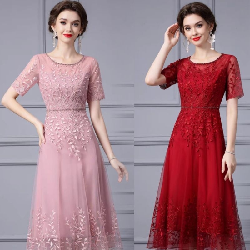 lace sleeve midi dress pink red lacey brukat brocade bruchat floral midi dress mesh simple dress pes