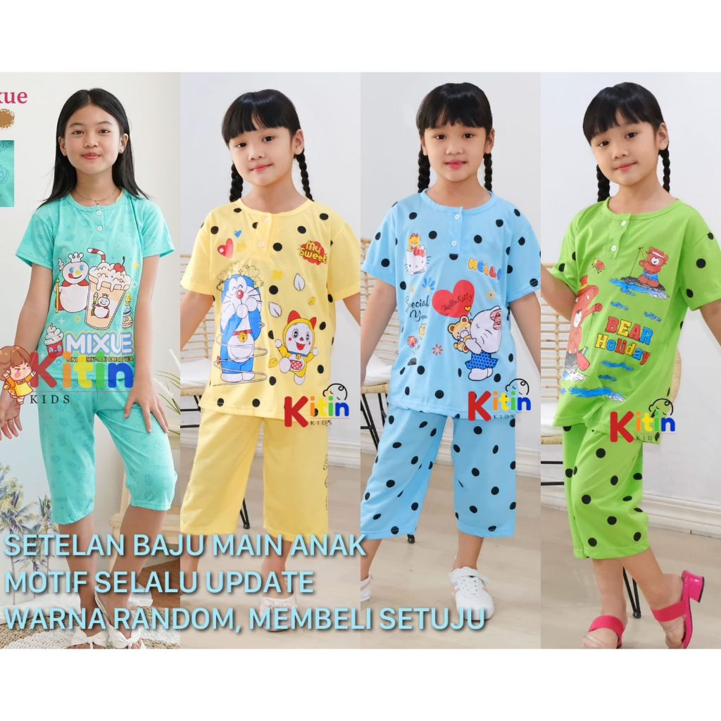 VI - SETELAN BAJU MAIN DAN HARIAN ANAK CEWEK/PEREMPUAN SABLON MOTIF KITTY DORAEMON BEAR MIXUE ICE CR