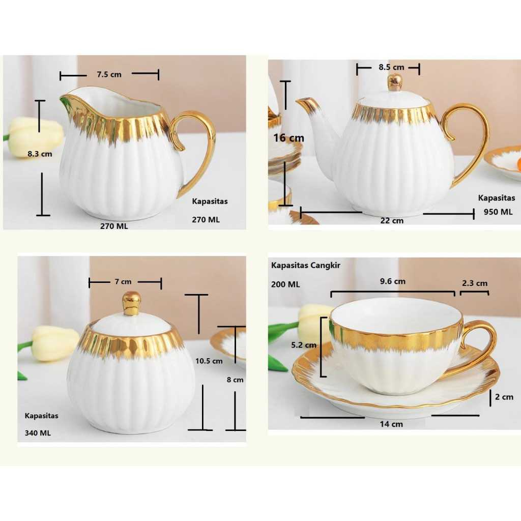 [ Hampers ] Set Tea Pot Cangkir Teko Kettle Ketel Poci Keramik Set  / Teapot Set Ribbon Gold / Teapot lucu / hampers teapot