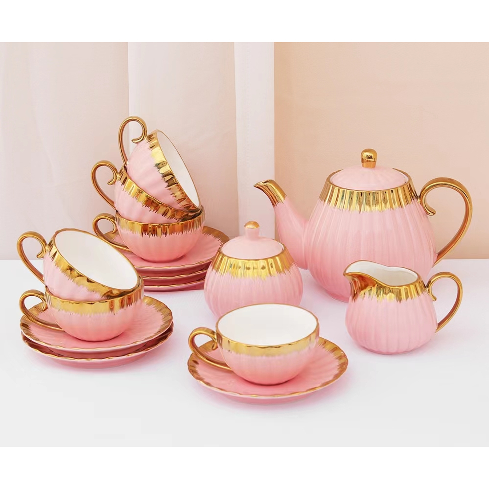 [ Hampers ] Set Tea Pot Cangkir Teko Kettle Ketel Poci Keramik Set  / Teapot Set Ribbon Gold / Teapot lucu / hampers teapot